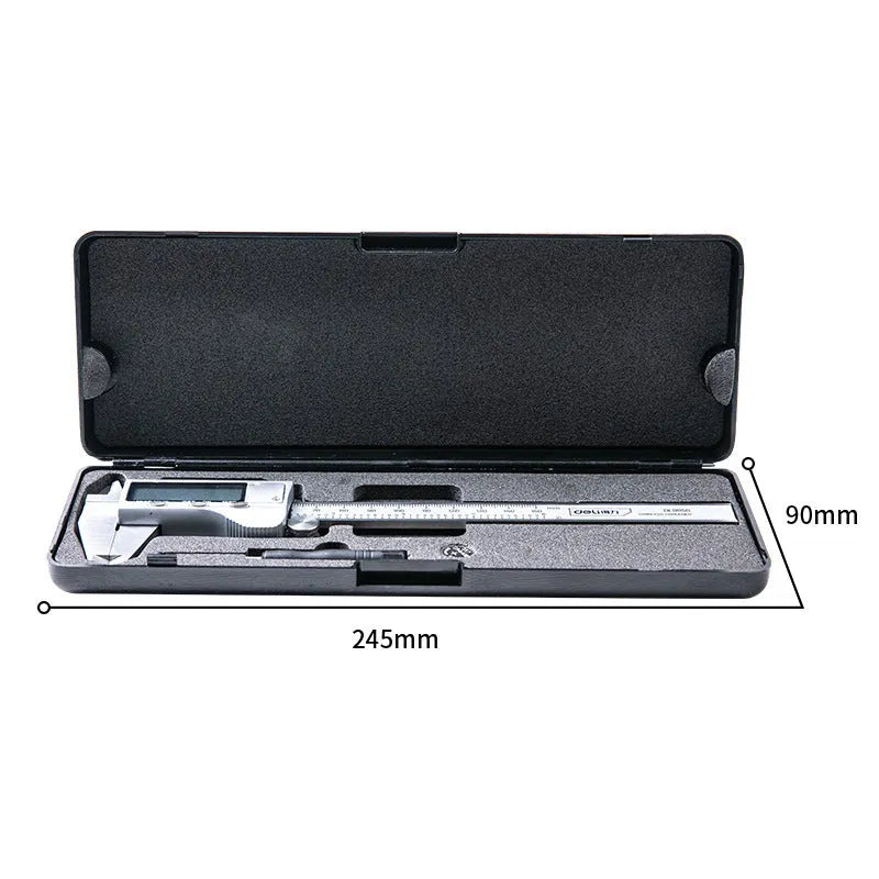 Deli digital vernier caliper with stainless steel construction and digital display showing 0.01mm resolution