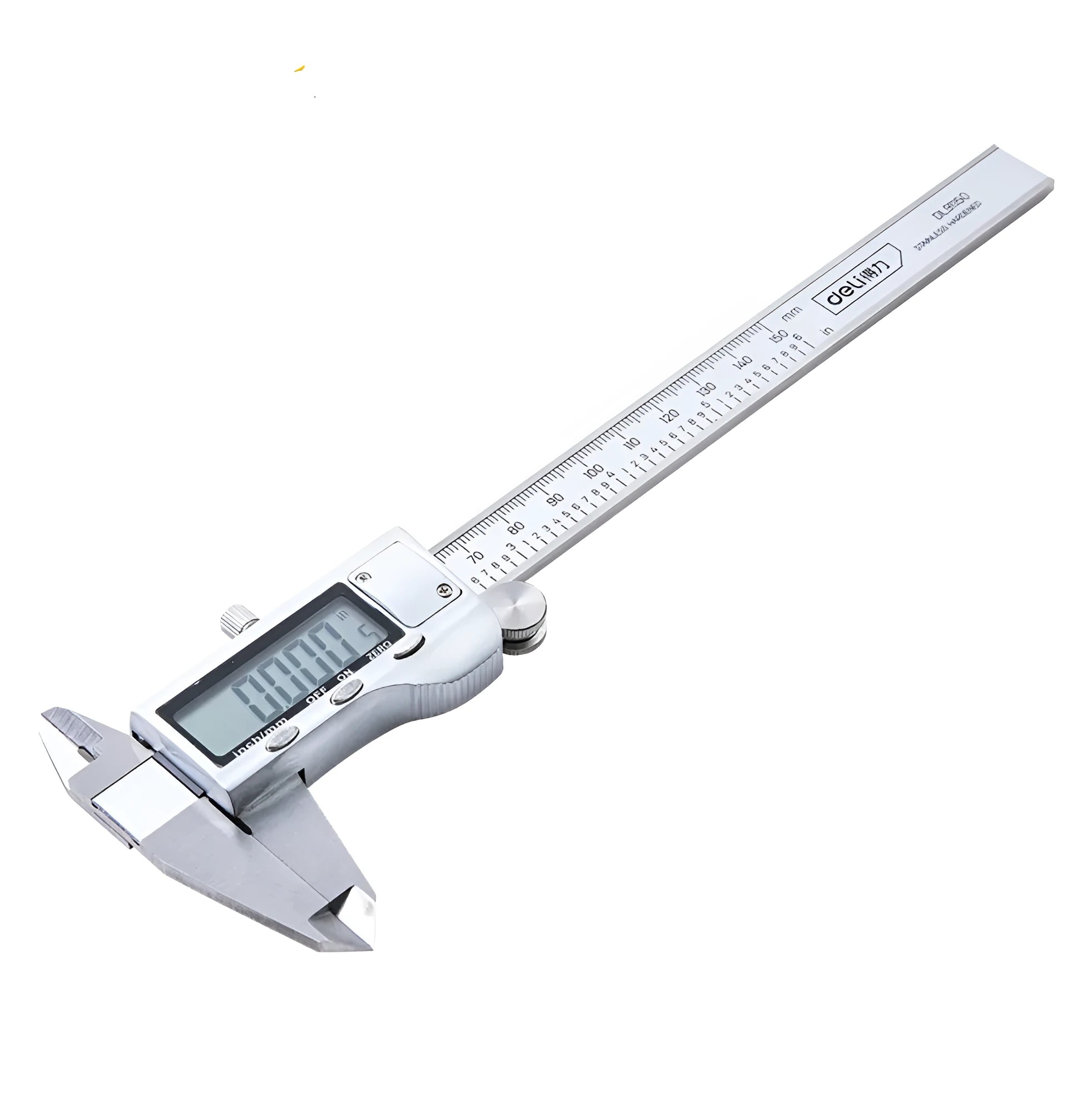 Deli digital vernier caliper with stainless steel construction and digital display showing 0.01mm resolution
