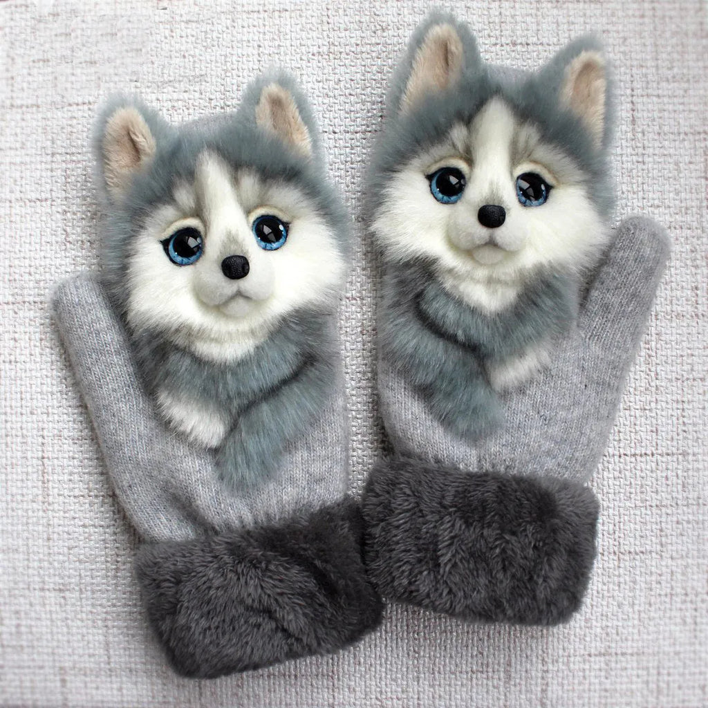 Cartoon animal fleece lined childrens knitted mittens 28cm total length one size