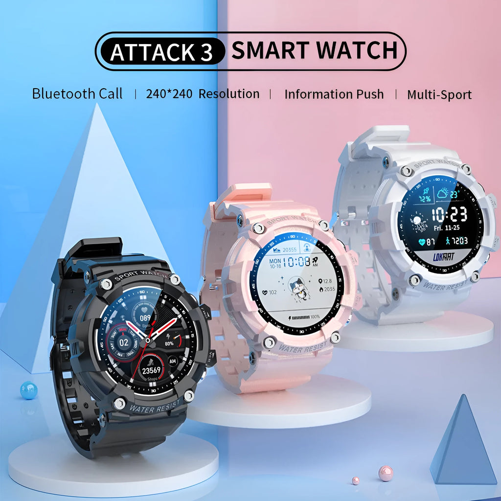 ATTACK 3 smart sports watch with round 1.28-inch screen and TPU strap in black, pink, or white colours