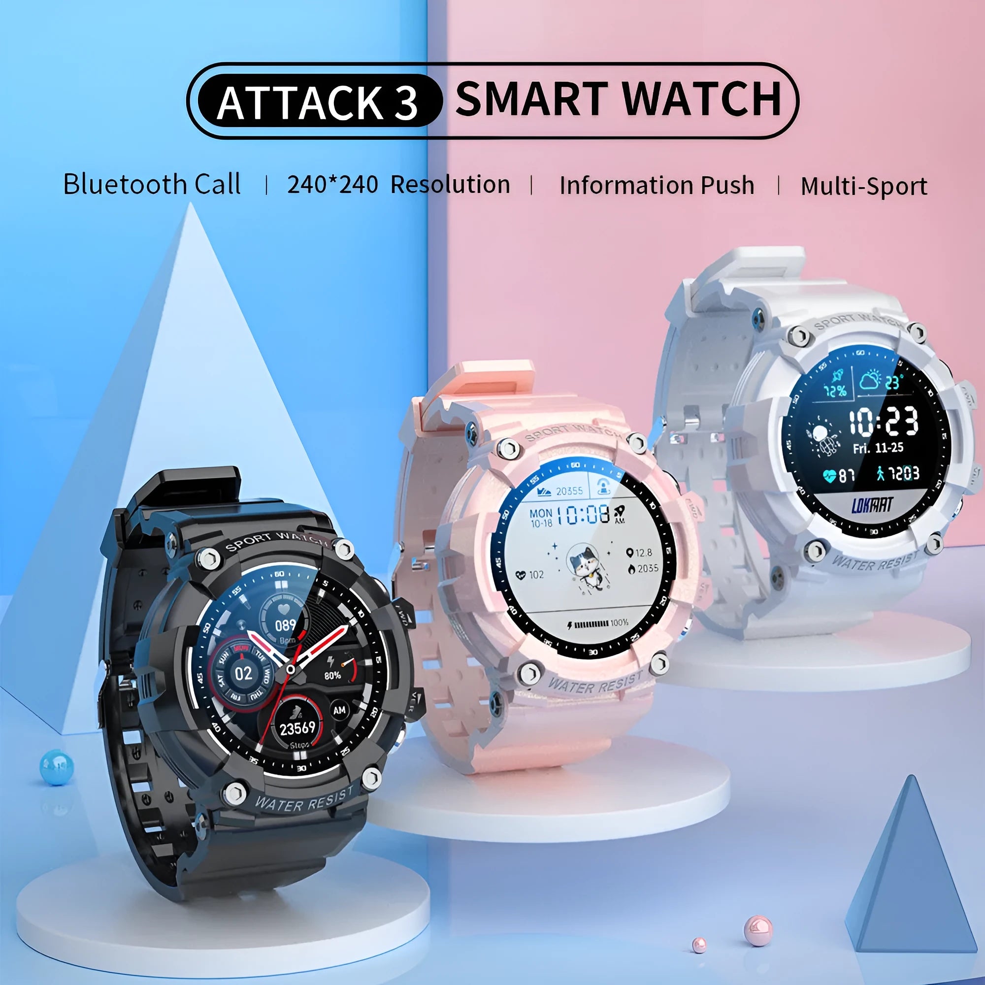 ATTACK 3 smart sports watch with round 1.28-inch screen and TPU strap in black, pink, or white colours
