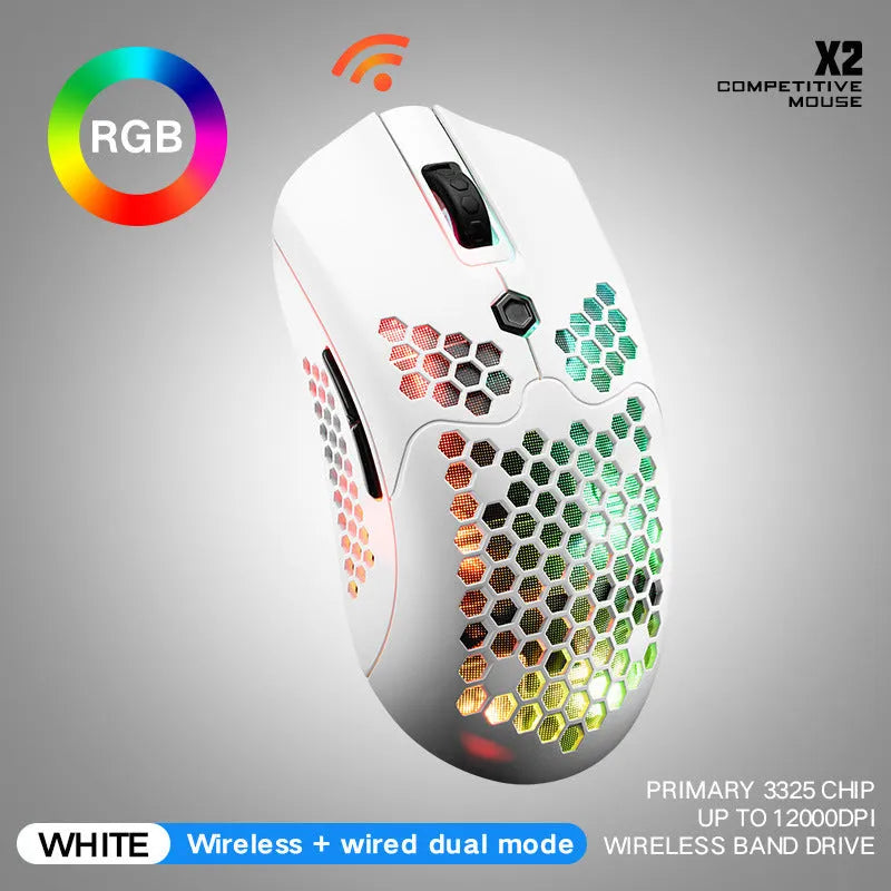 Free Wolf X2 wireless RGB gaming mouse in multiple colours on a desk.