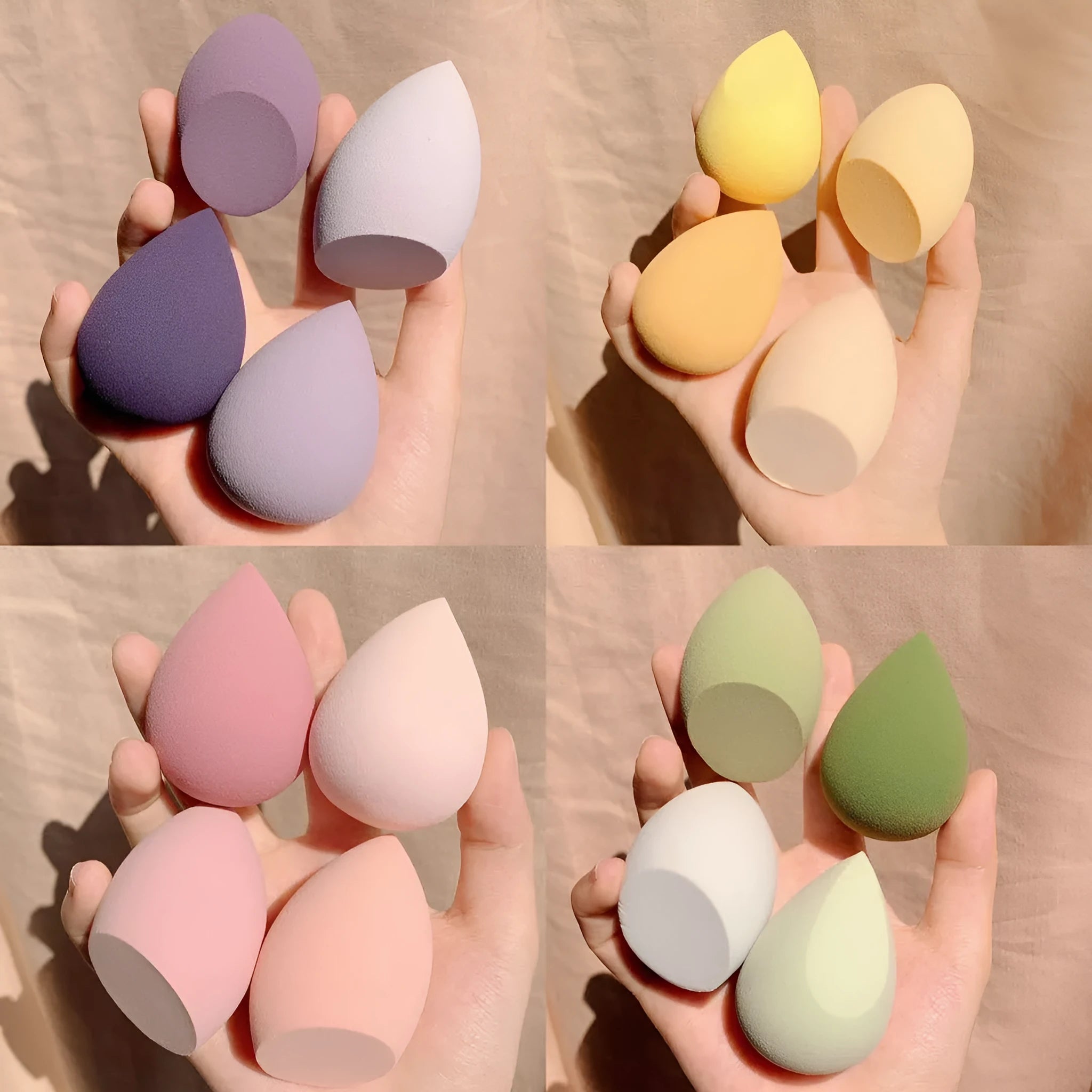 Makeup egg box with 4 synthetic sponge eggs in Grape, Mango, Mint, and Peach colours