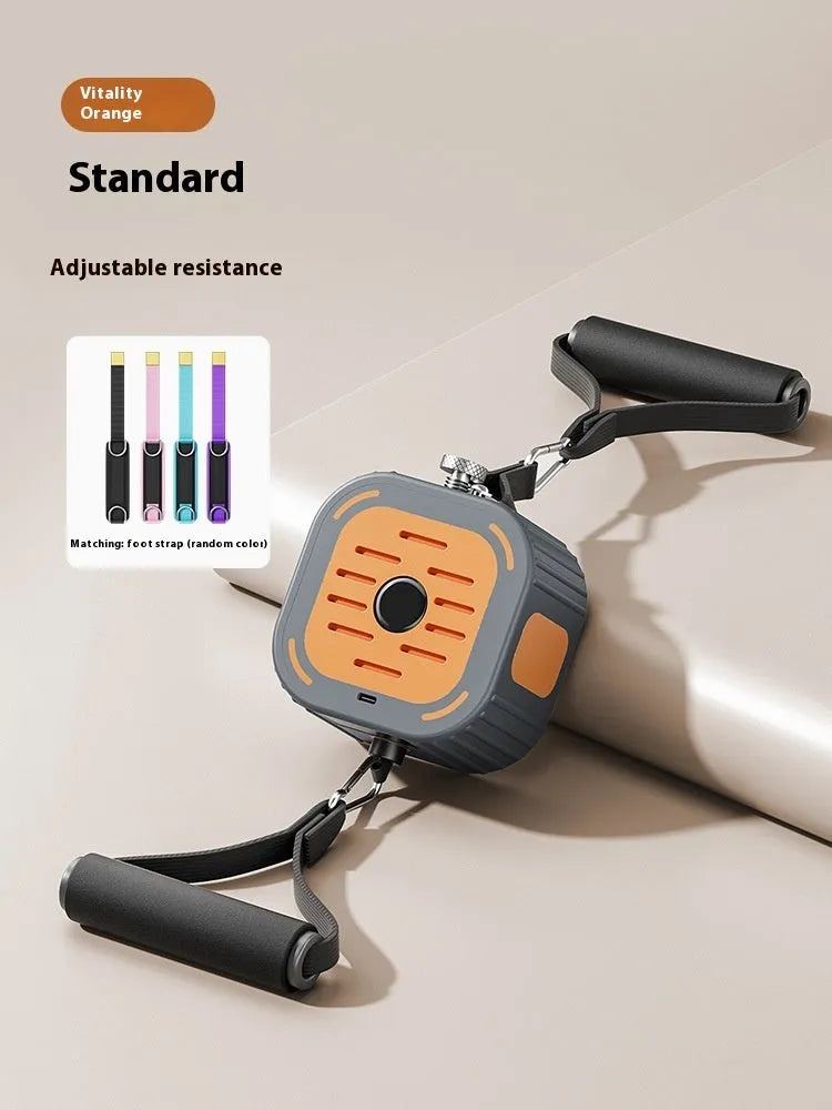 Adjustable power pump chest expander for home fitness in orange or blue.