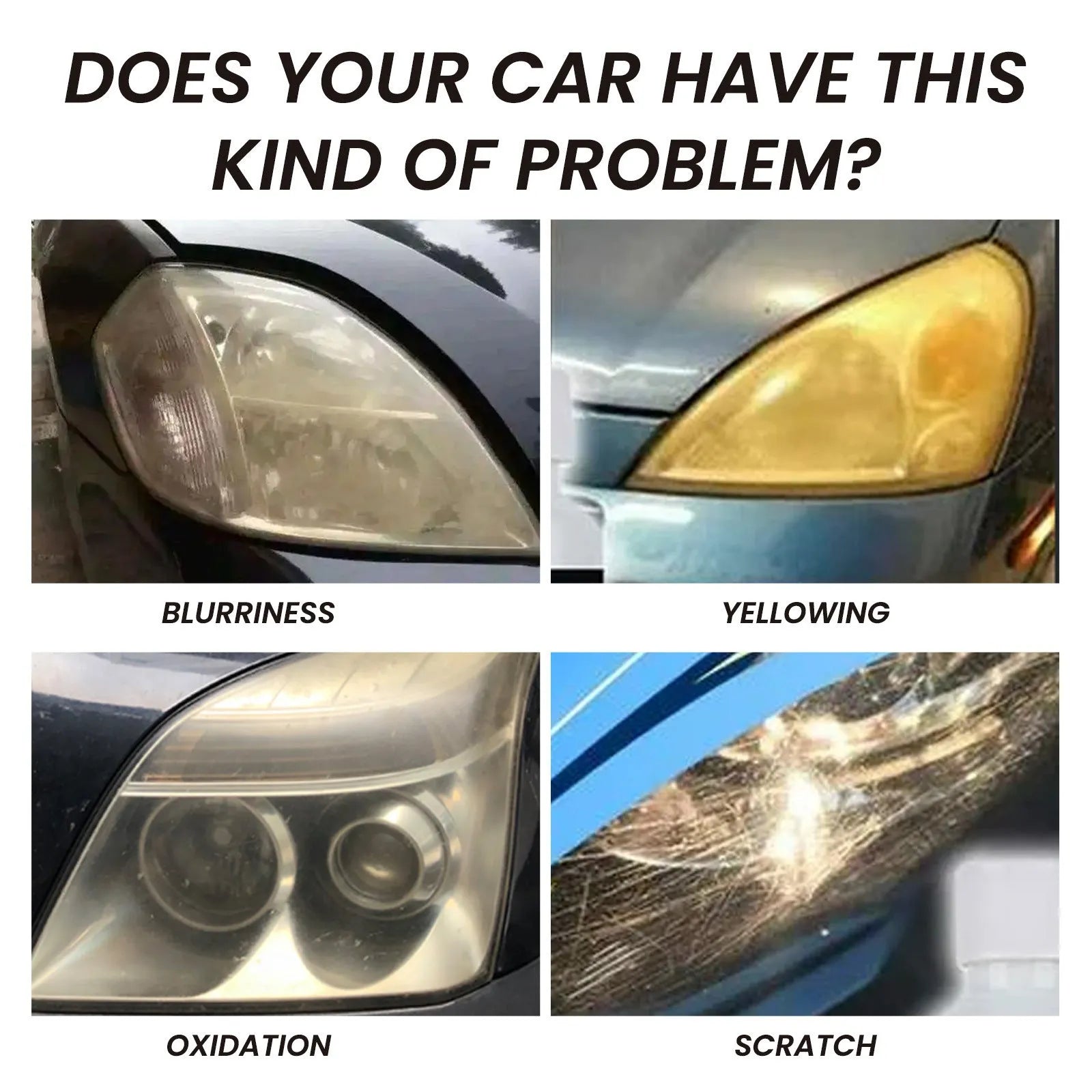 150ml bottle of car headlight repair liquid with applicator brush on a yellowed car lamp.