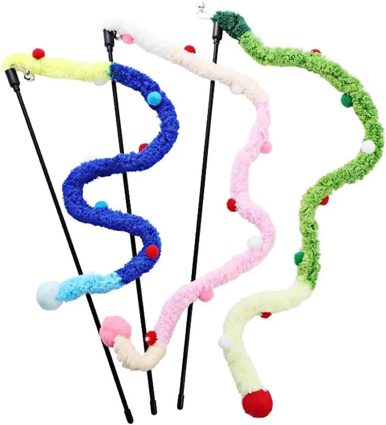 Blue interactive cat wand toy with long plush strip and fluffy bell ball on a pole.