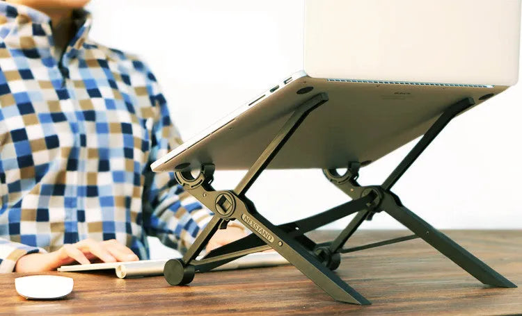 Black folding portable laptop stand made of reinforced nylon with compact folded dimensions