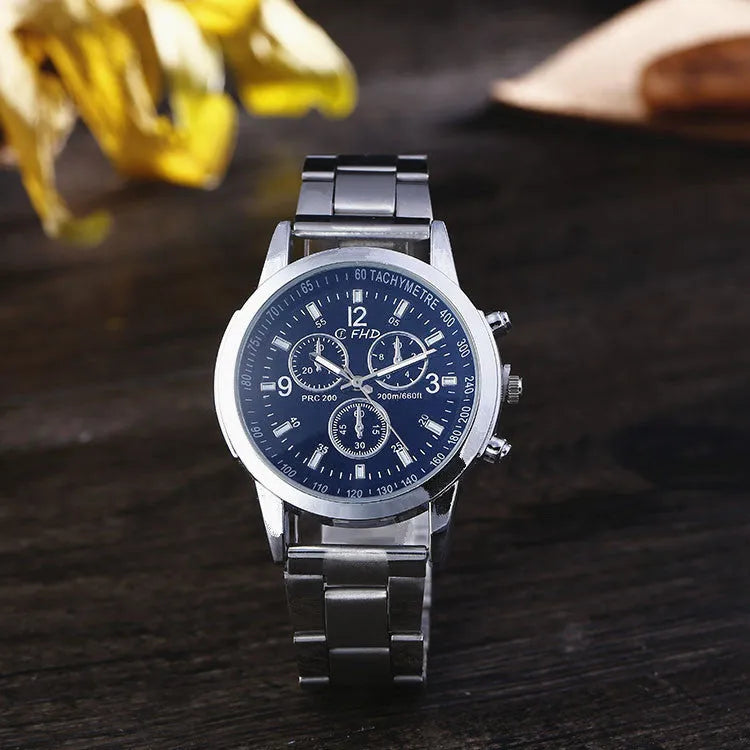 Blu-ray FRP watch with round 40.5mm dial, 8mm thickness, stainless steel strap and pin buckle, alloy case, black.