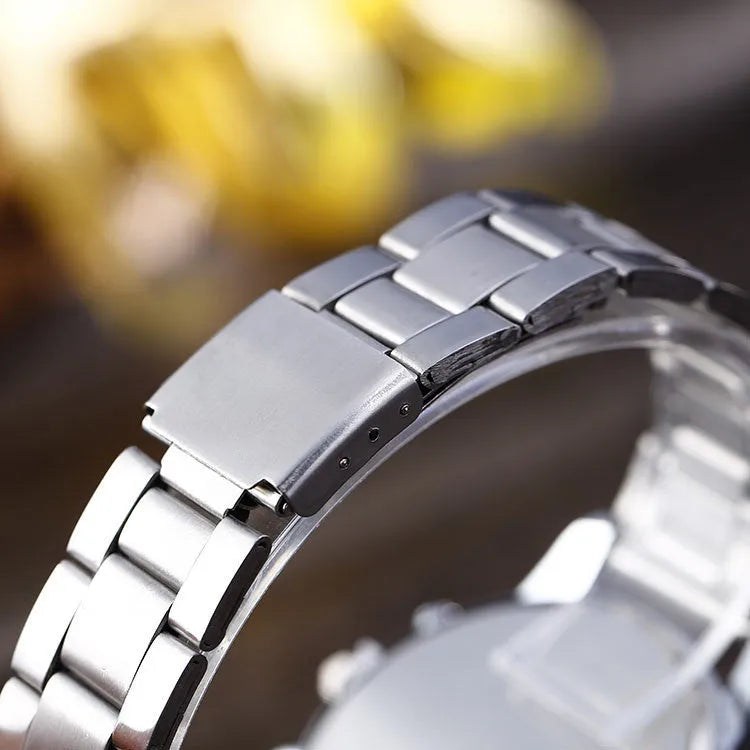 Blu-ray FRP watch with round 40.5mm dial, 8mm thickness, stainless steel strap and pin buckle, alloy case, black.
