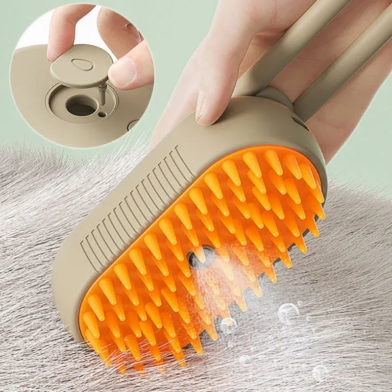3-in-1 electric steam pet brush in milk brown with silicone bristles and ergonomic handle