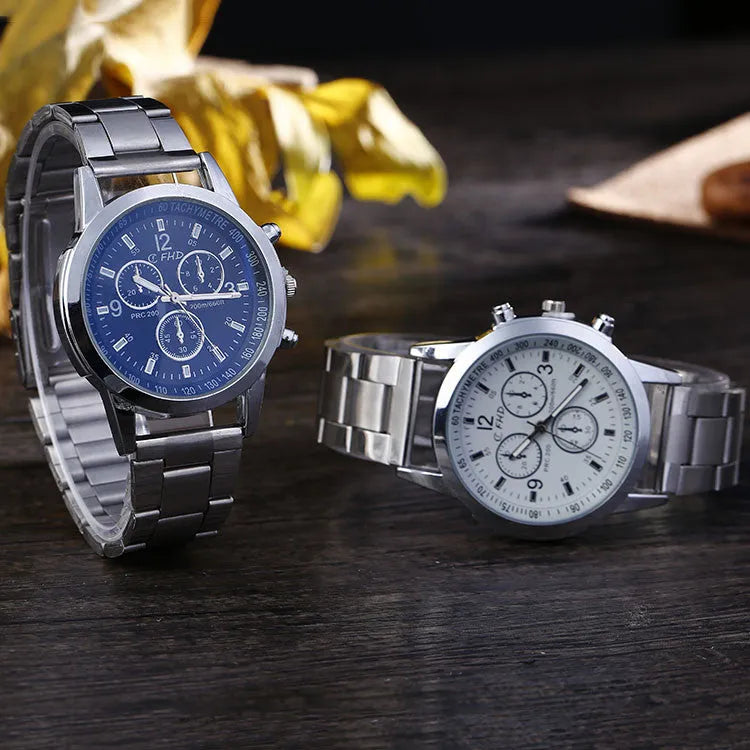 Blu-ray FRP watch with round 40.5mm dial, 8mm thickness, stainless steel strap and pin buckle, alloy case, black.