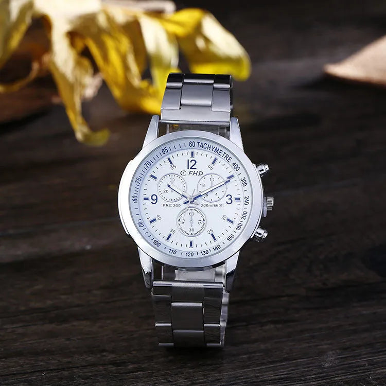 Blu-ray FRP watch with round 40.5mm dial, 8mm thickness, stainless steel strap and pin buckle, alloy case, black.