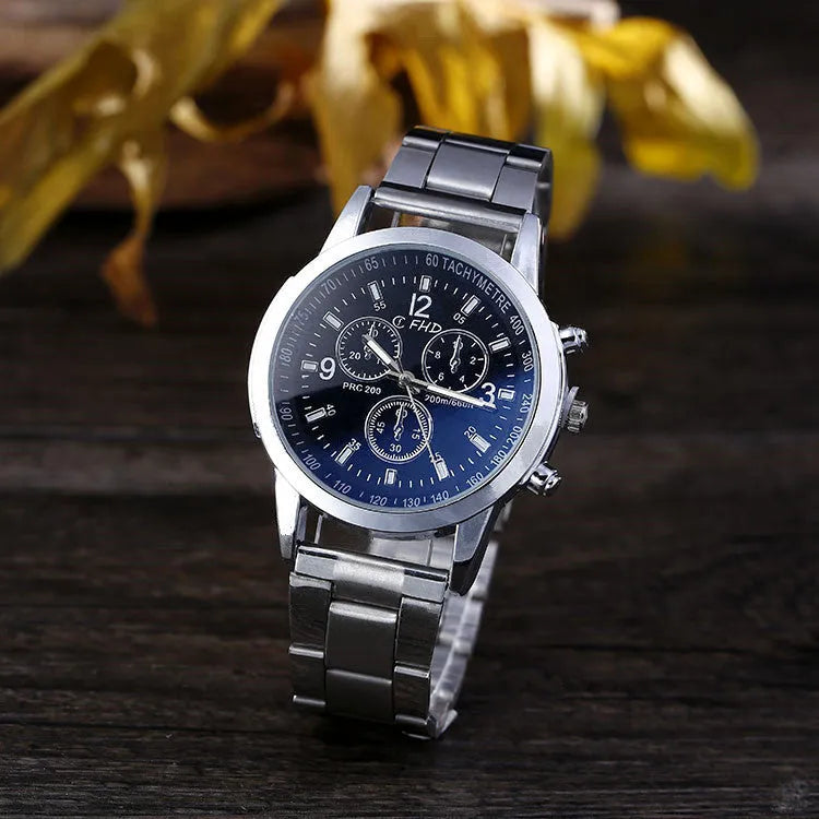 Blu-ray FRP watch with round 40.5mm dial, 8mm thickness, stainless steel strap and pin buckle, alloy case, black.
