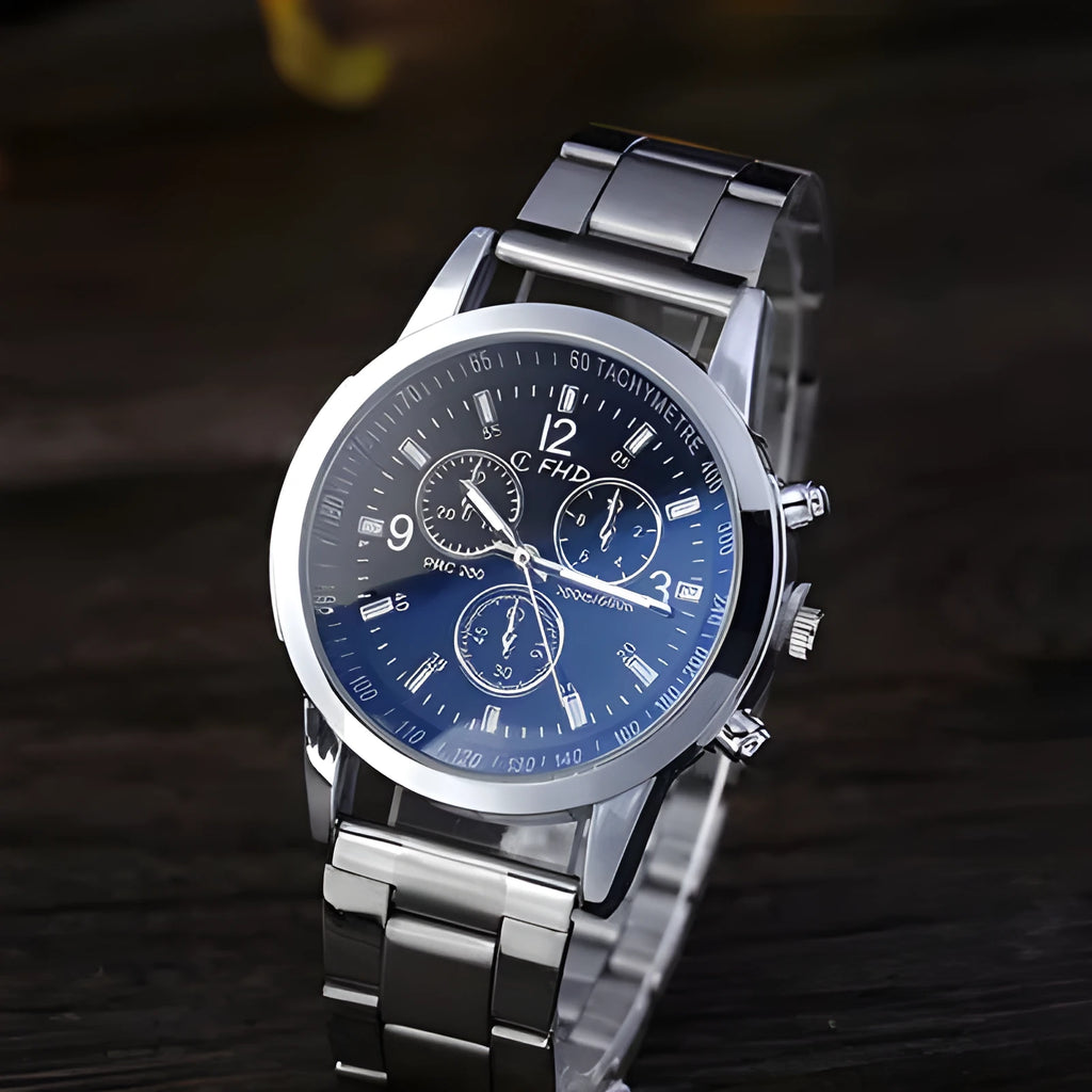 Blu-ray FRP watch with round 40.5mm dial, 8mm thickness, stainless steel strap and pin buckle, alloy case, black.