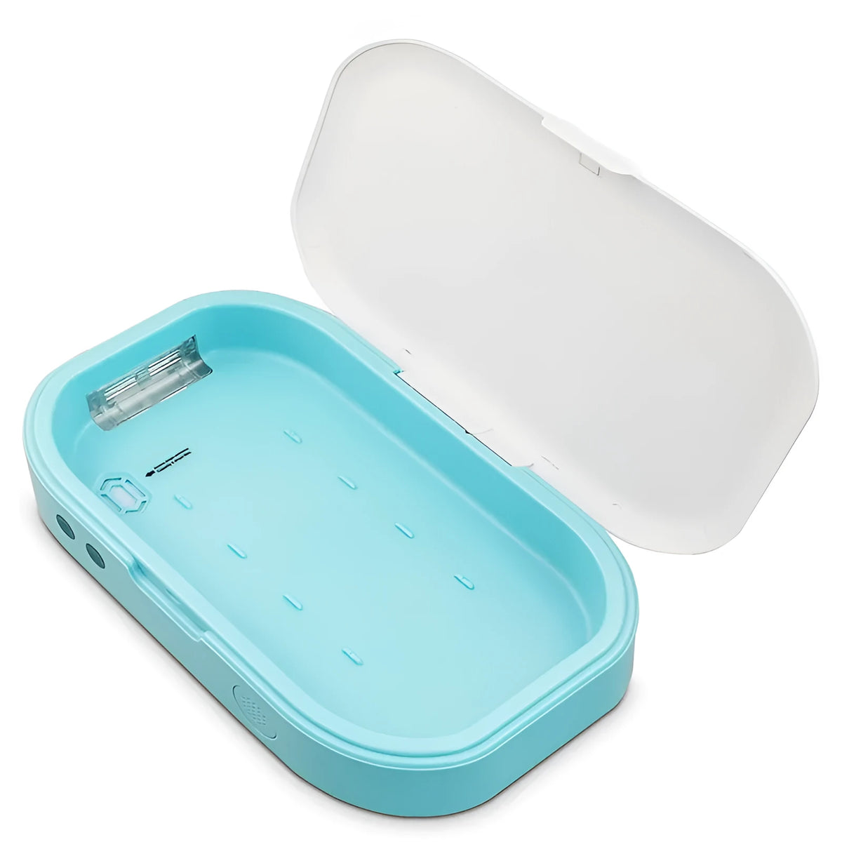 Blue UV steriliser box for mobile phones and small items showing dual UV lamps and compact size for 7-inch phone