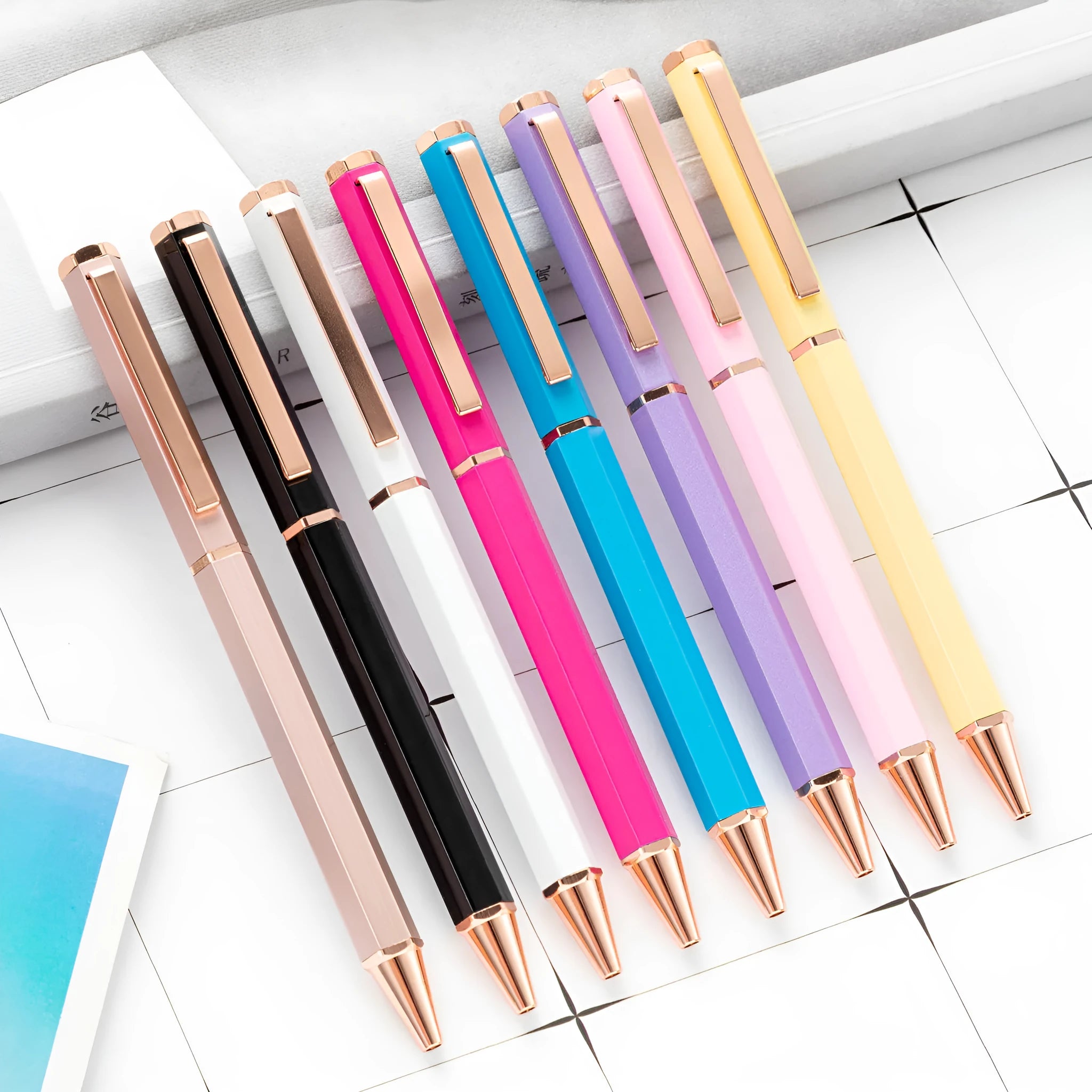 Metal six-angle rod ballpoint pen with 1.0mm bullet tip in multiple colour options