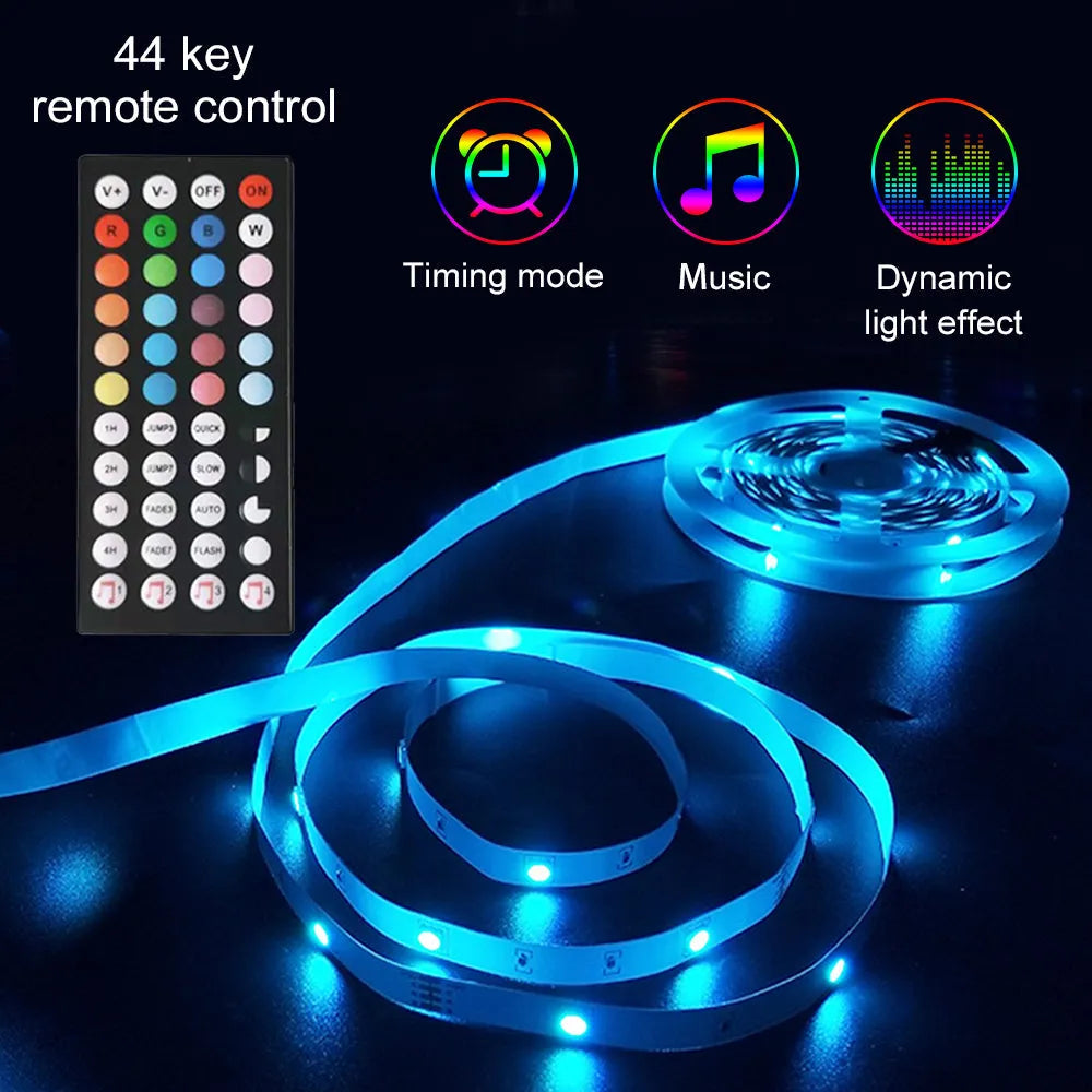20m RGB LED strip light with 5050 beads, 44-key remote control, and 5A power supply for indoor TV and room decoration