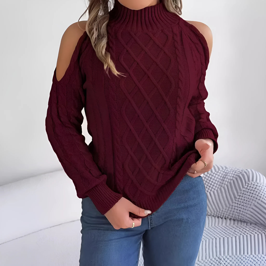 Gray women's strapless pullover sweater with a twisted knit pattern and lantern long sleeves.