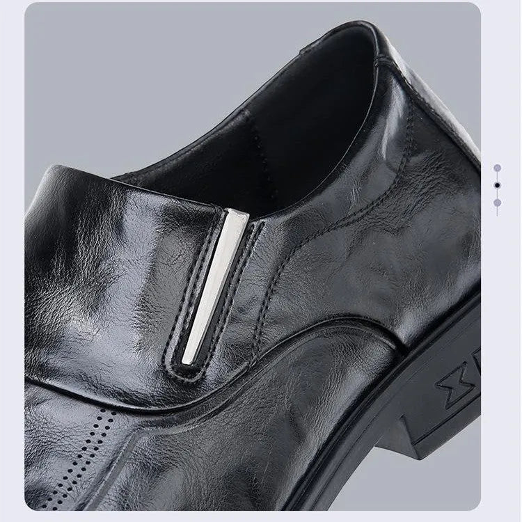 Men's black cowhide leather slip-on casual shoes with rubber sole on a plain background