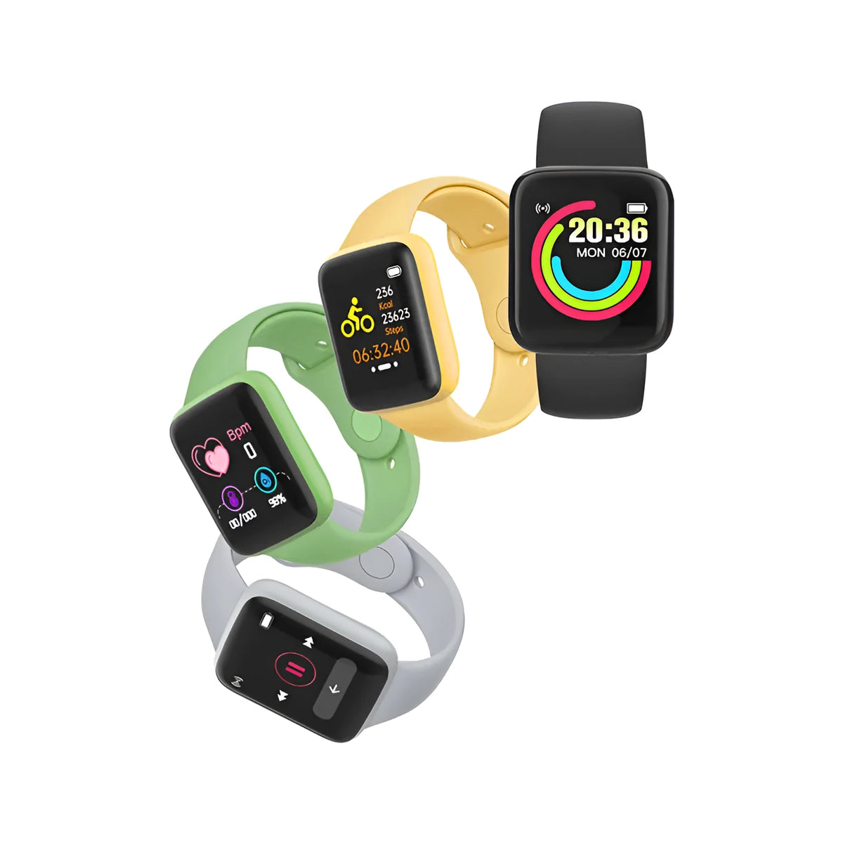 Smart bracelet with 1.44 touch screen and silicone strap, heart rate and step tracking, shown in available colours