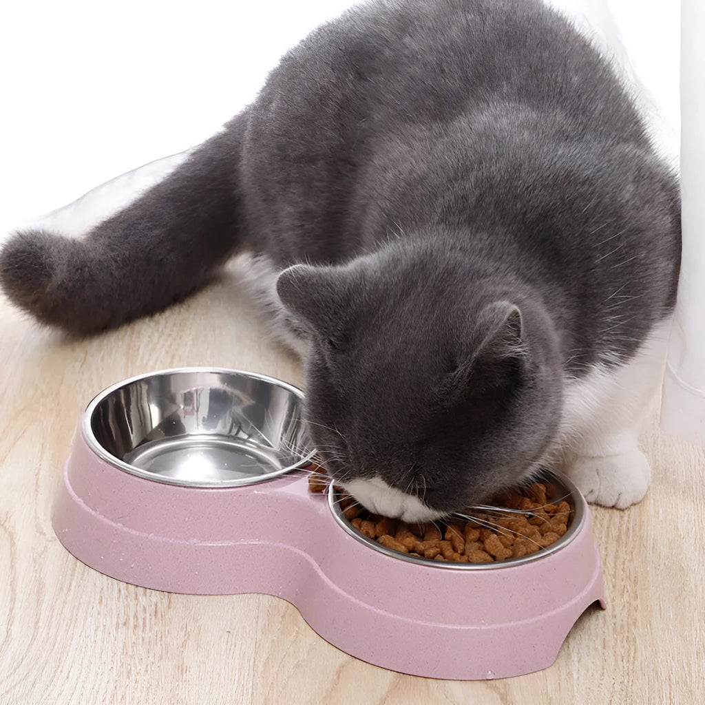 Stainless steel pet rice bowl with straw plastic base in blue, 24.5x13.5x4.6 cm
