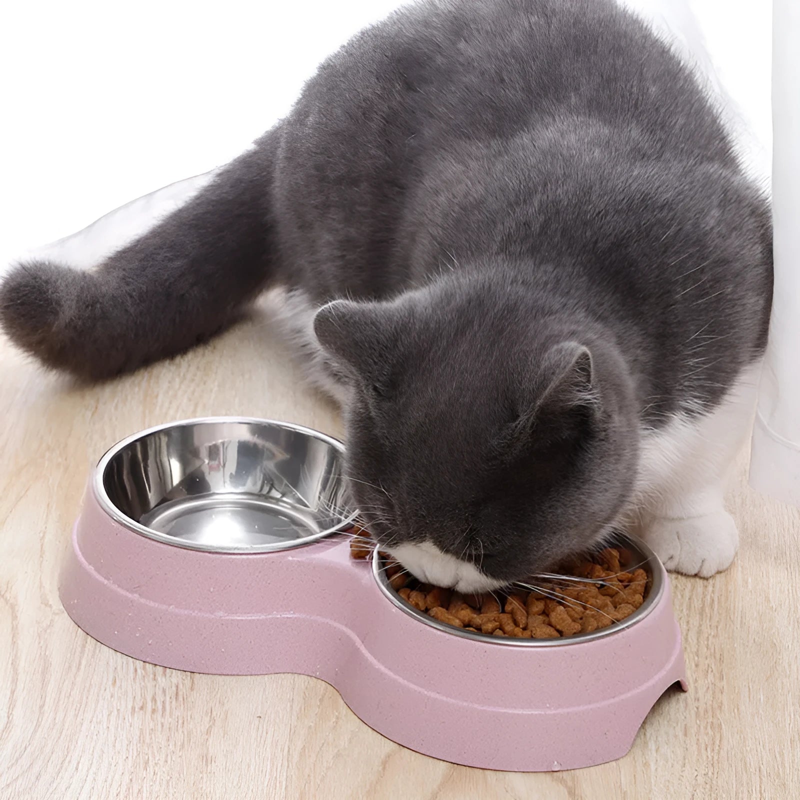 Stainless steel pet rice bowl with straw plastic base in blue, 24.5x13.5x4.6 cm