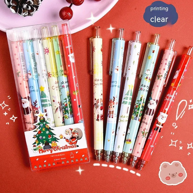 Six Christmas cartoon design plastic gel pens with press mechanisms and black refills