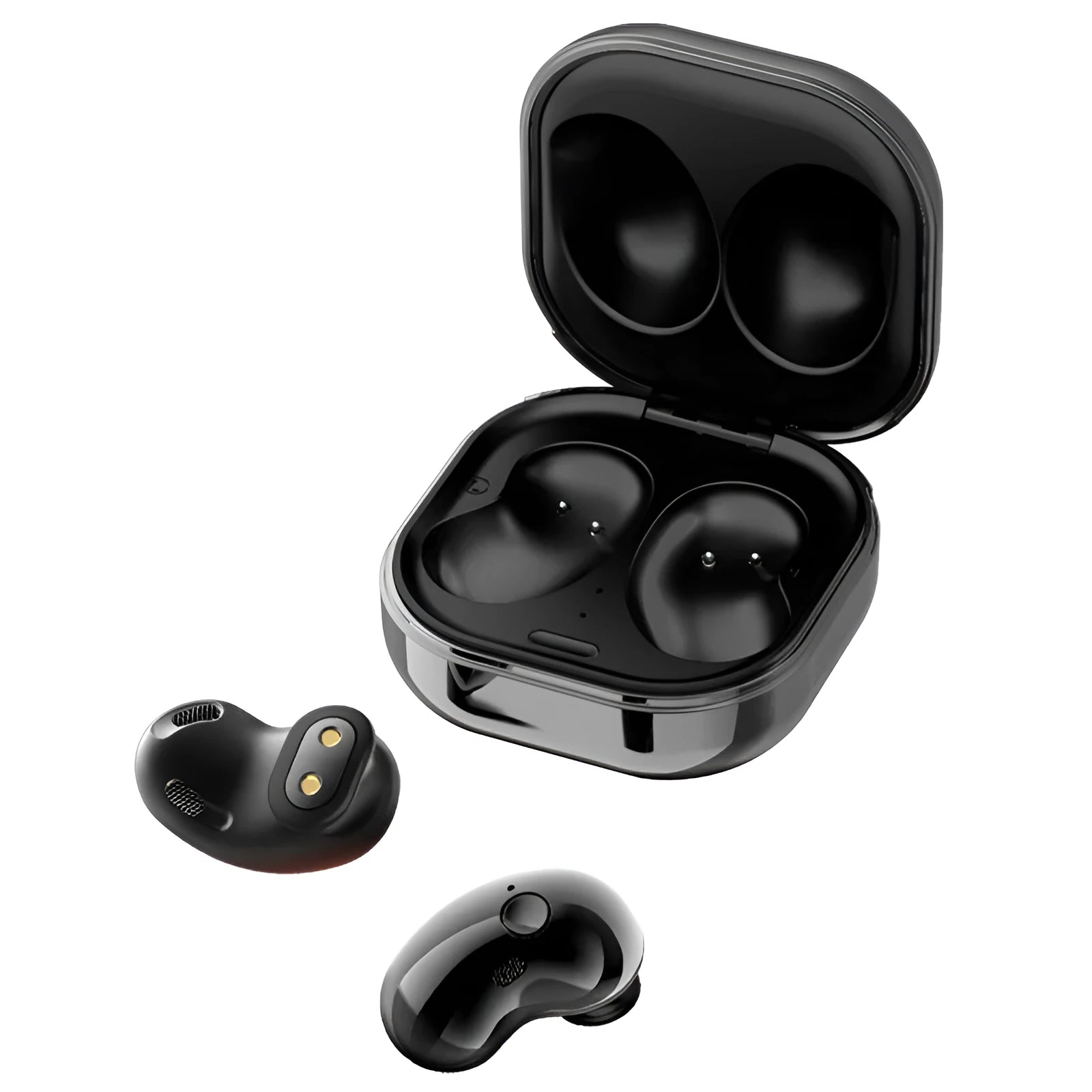 Black Bluetooth 5.0 wireless sport earbuds with IPX4 waterproof rating and built-in microphone