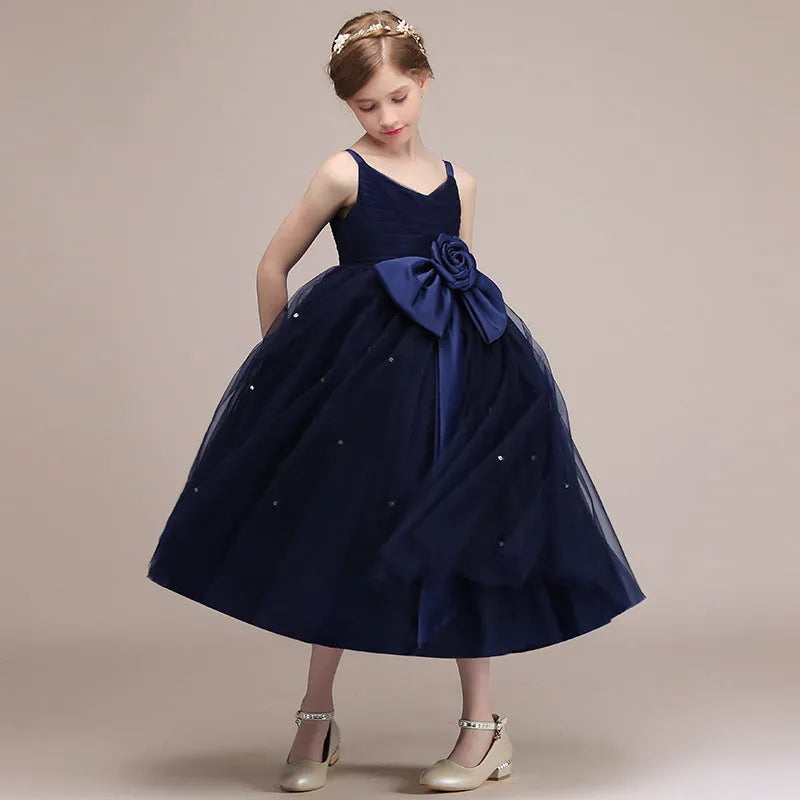 Girls blue chiffon princess dress for banquet and evening party, available in sizes 100cm to 160cm