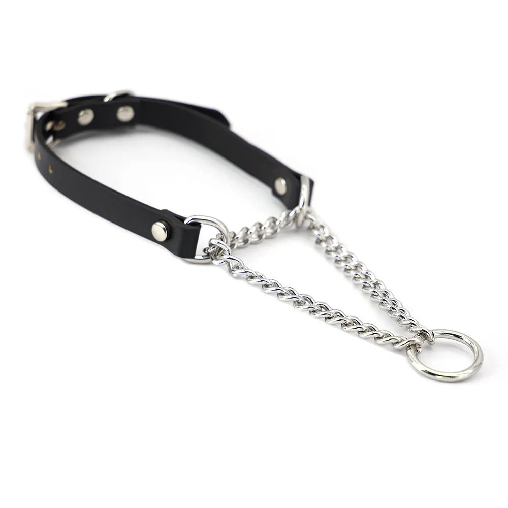 Black cowhide leather punk collar with hand grip rope adjustment and matching leash