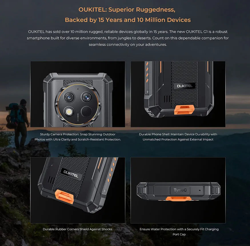 OUKITEL G1 mobile phone showing grey green orange colour options with plastic construction