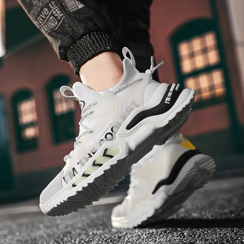 Men's high top PU mesh running walking tennis sneakers thick sole available in white light gray black