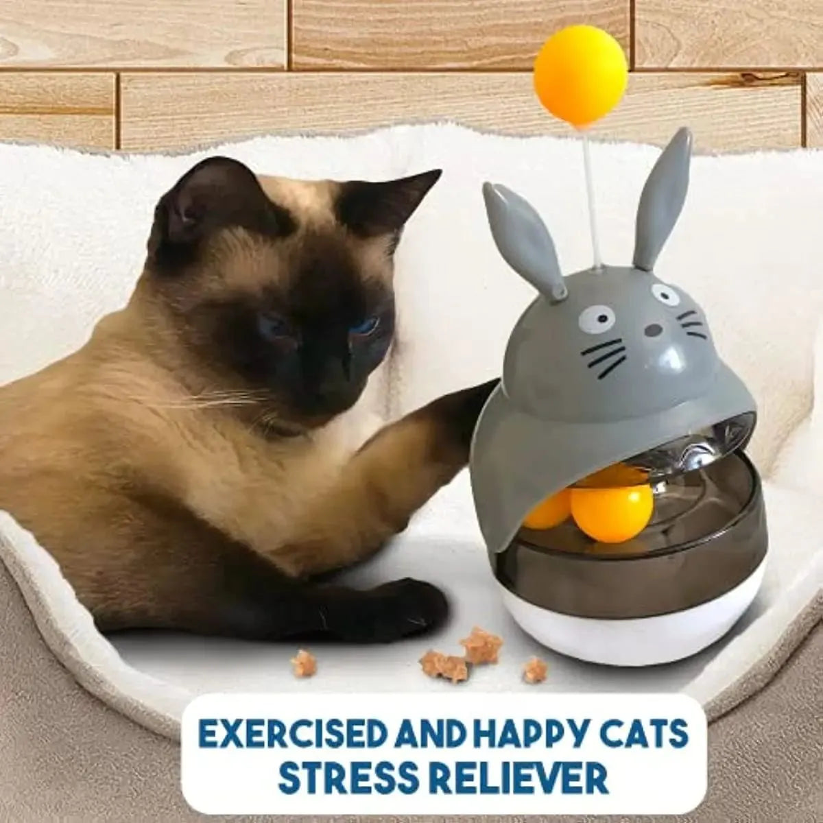 Interactive cat feeder toy treat dispenser with sounding bell in Brown Gray Pink White colours