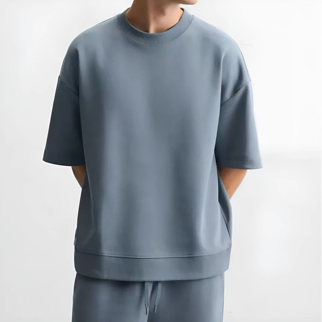 Short sleeve casual set with matching shorts in multiple colour combinations including blue, military green, black and white