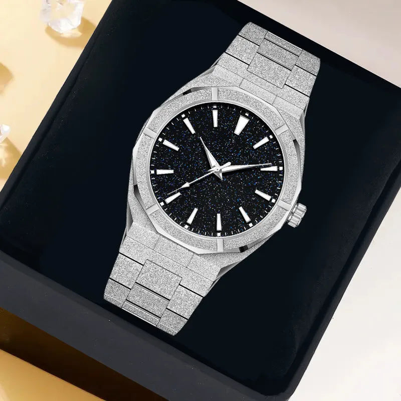 Men's stainless steel business watch with frosted case, luminous hands, on adjustable steel strap.