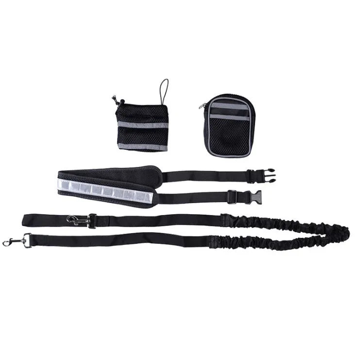 Adjustable hands-free dog leash running set with nylon retractable rope, waist belt, and two storage bags on a person jogging