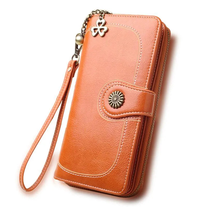 Split leather long wallet for women with PU leather, zip-around closure, multiple card slots, black finish.
