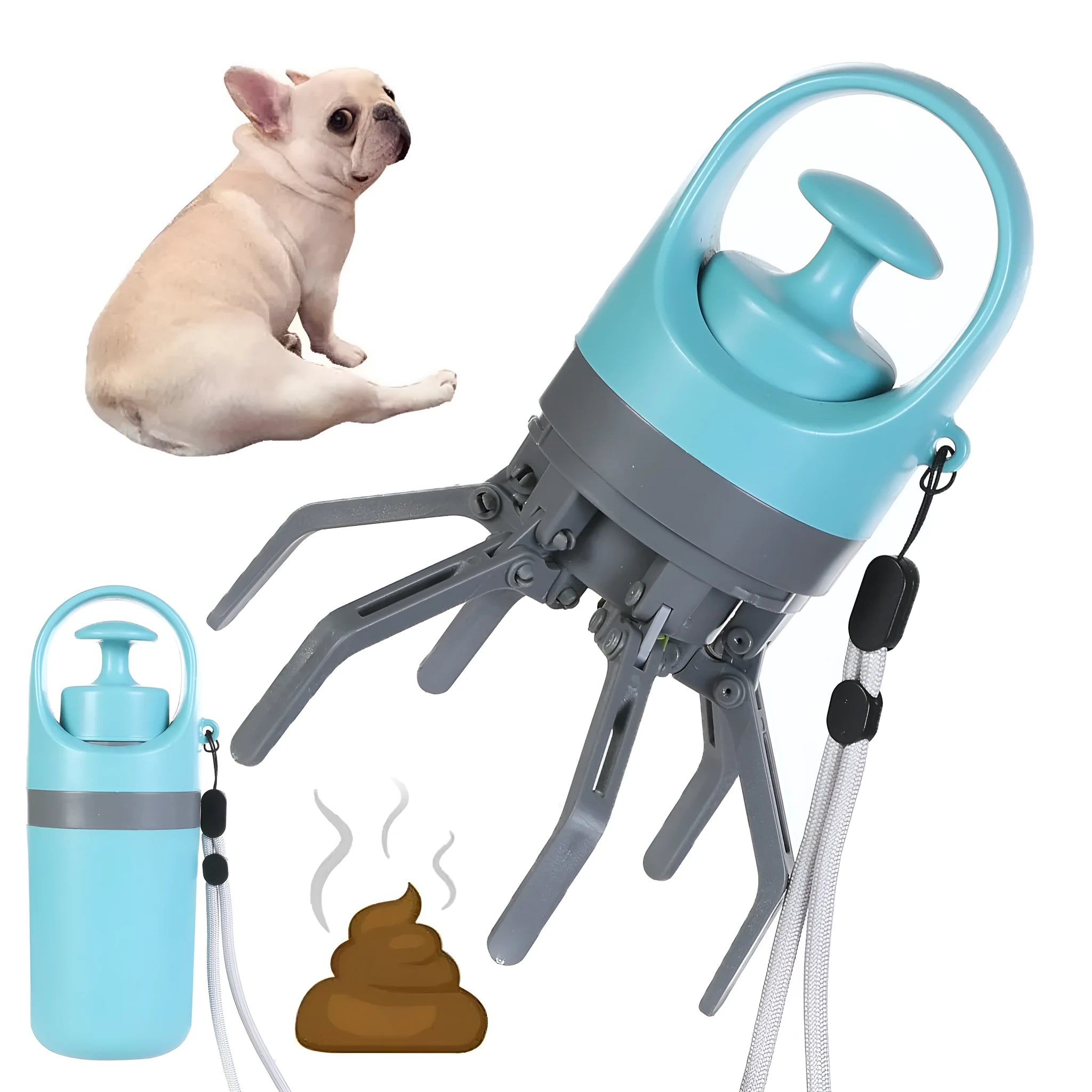 Blue portable dog pooper scooper with built-in bag dispenser and eight-claw shovel.