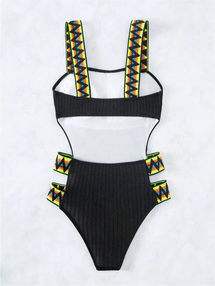 Women's black one-piece polyester swimsuit on a hanger, Asian sizing.