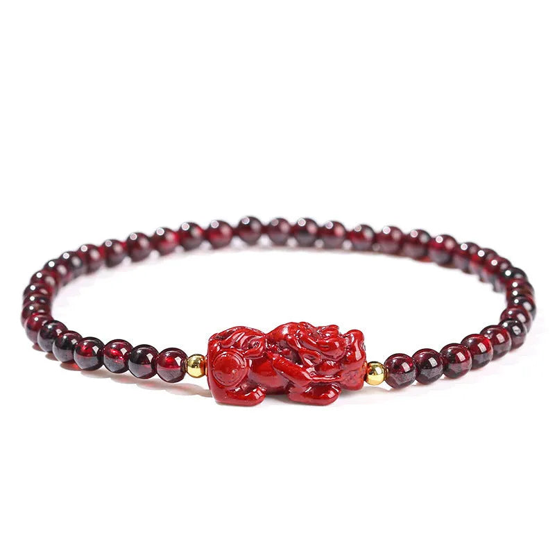 Geometric square garnet bracelet with strawberry quartz and purple sand pixiu charm.