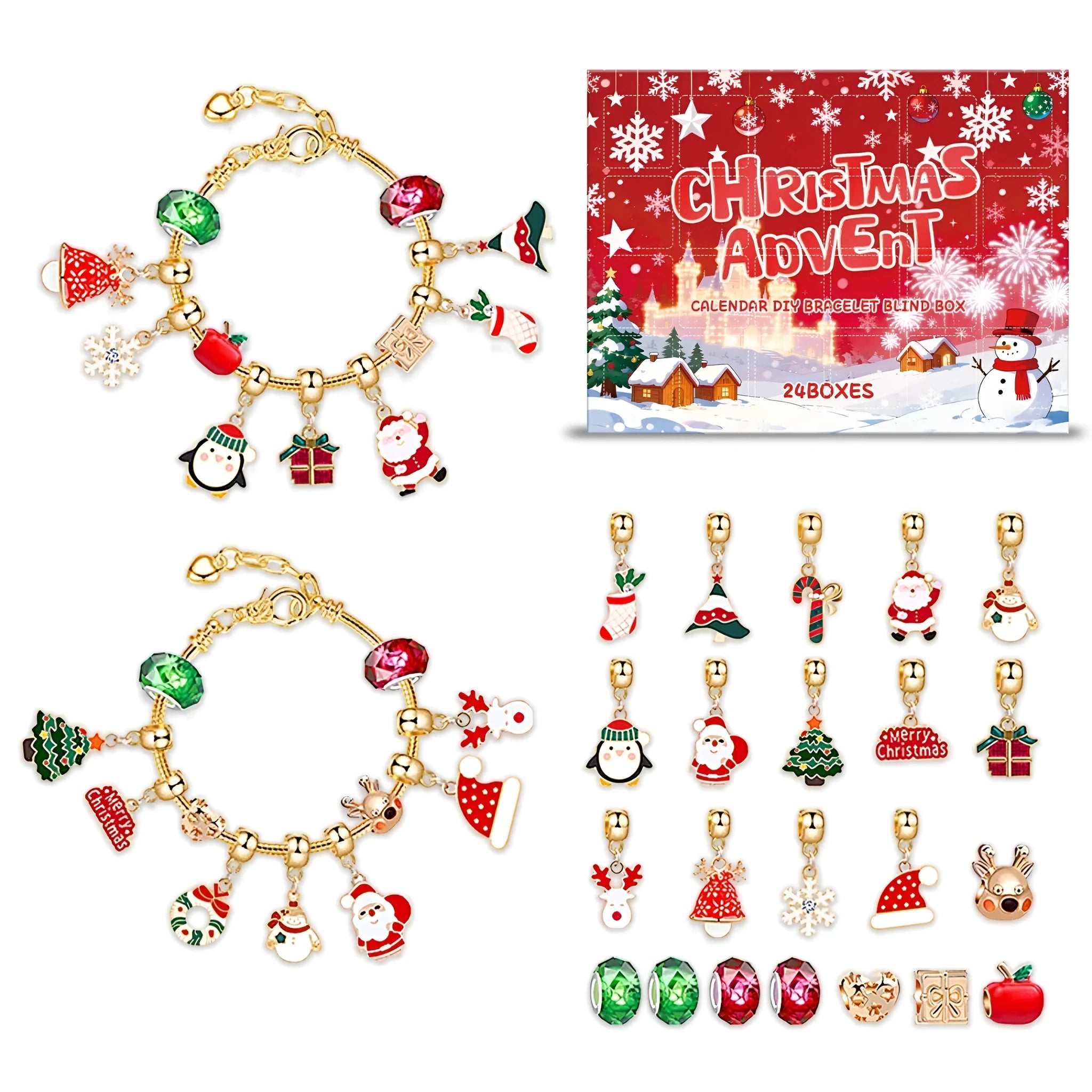 Christmas Advent calendar with 24 bracelet blind boxes for DIY jewellery making in mixed colours