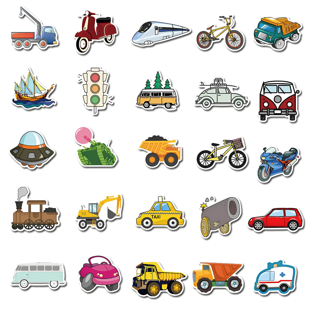 Colourful cartoon car and excavator graffiti stickers on a white background, 4x6cm each