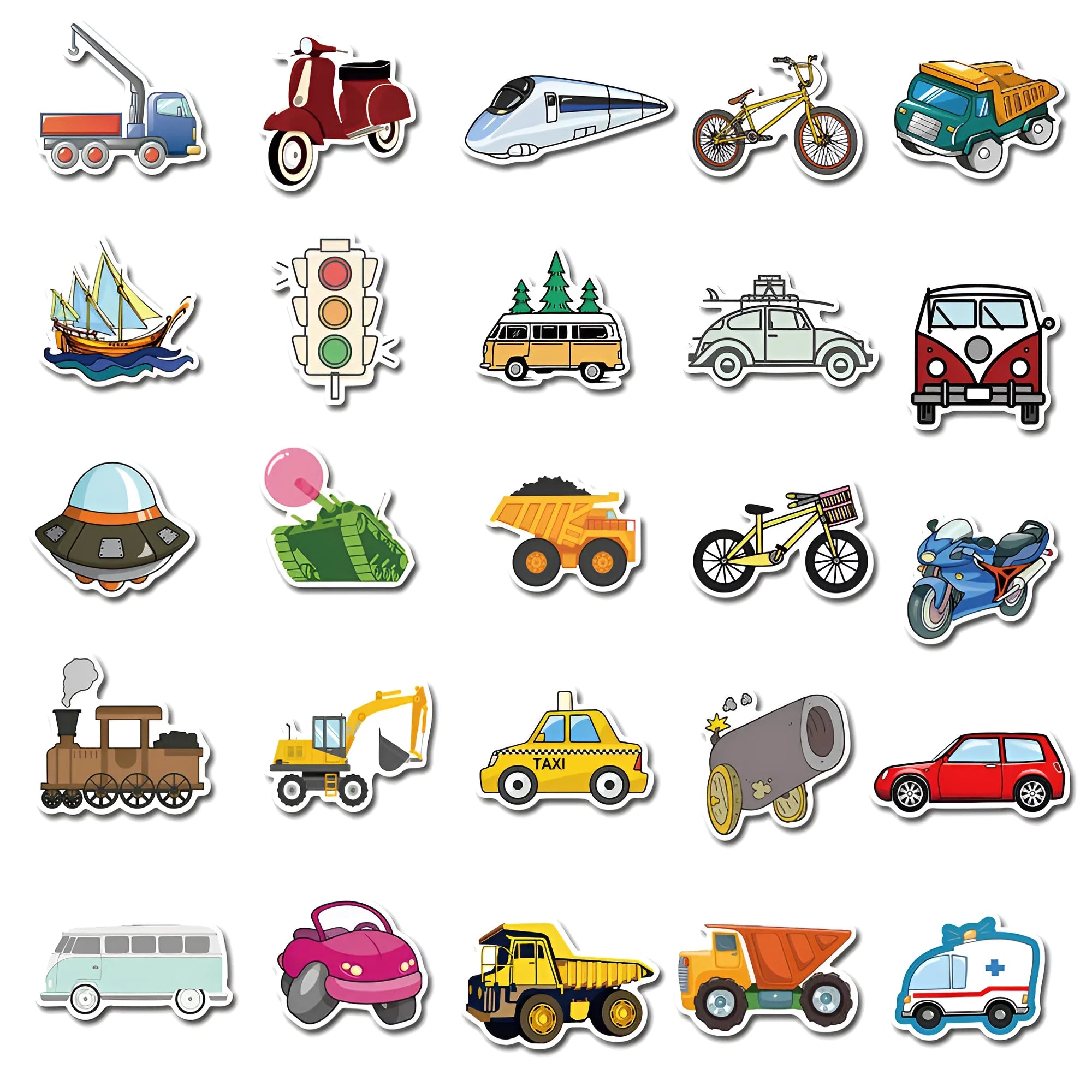 Colourful cartoon car and excavator graffiti stickers on a white background, 4x6cm each