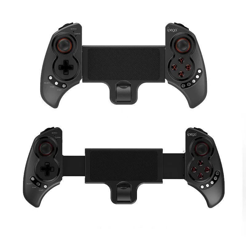 Black telescopic wireless game controller extended holding a mobile phone