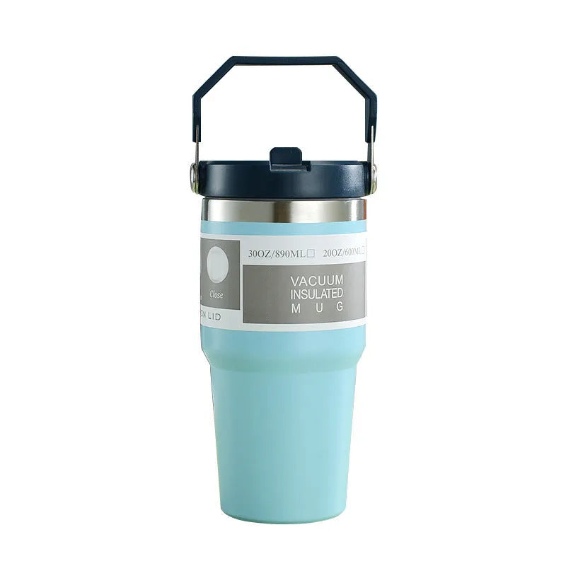 30oz stainless steel travel tumbler with handle and cover in dark pink colour
