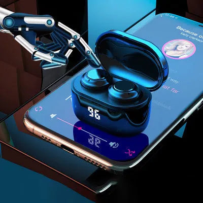 Black wireless stereo Bluetooth headset with earplug design shown with NFC symbol.