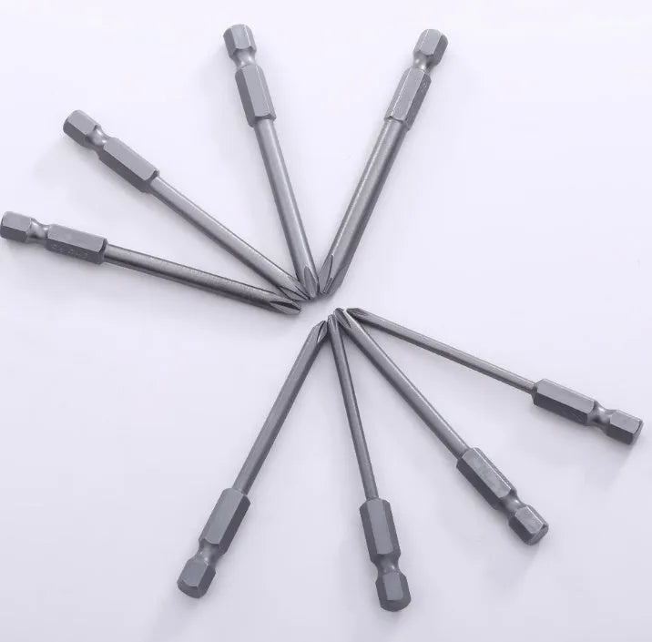 Eight magnetic long Phillips head screwdriver bits with hex shanks on a grey background.