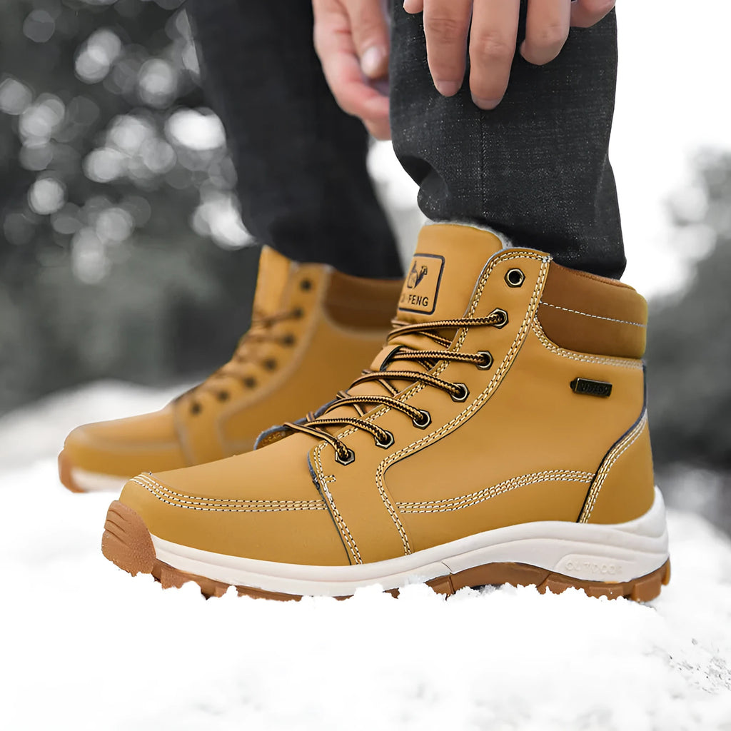 Men's winter snow ankle boots with leather upper and non-slip rubber sole, black velveted finish