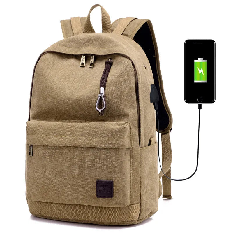 Canvas backpack with USB charging port and multiple compartments including separate laptop pocket