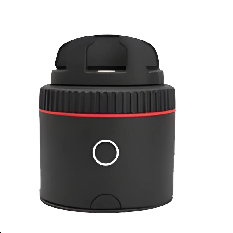 Matte black PIVO face tracking camera mounted on a surface with a smartphone attached.